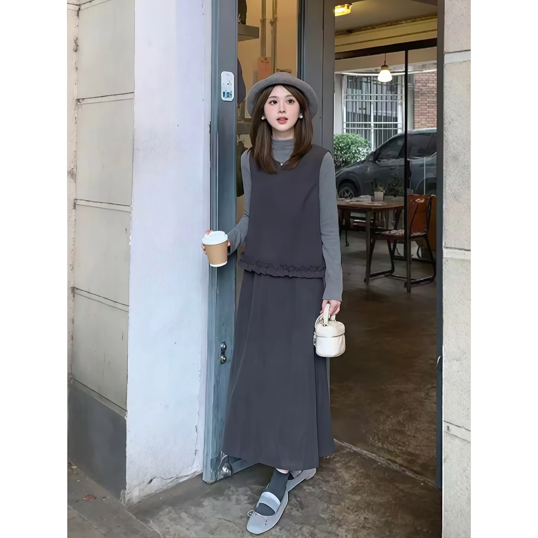 纯欲风复古木耳边马甲背心上衣女秋季新款高腰半身长裙子两件套装