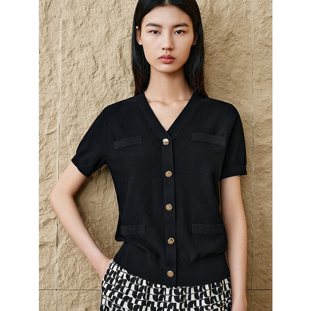 INSUN恩裳专选2025夏季时尚V领小香风肌理感针织衫9C65206090