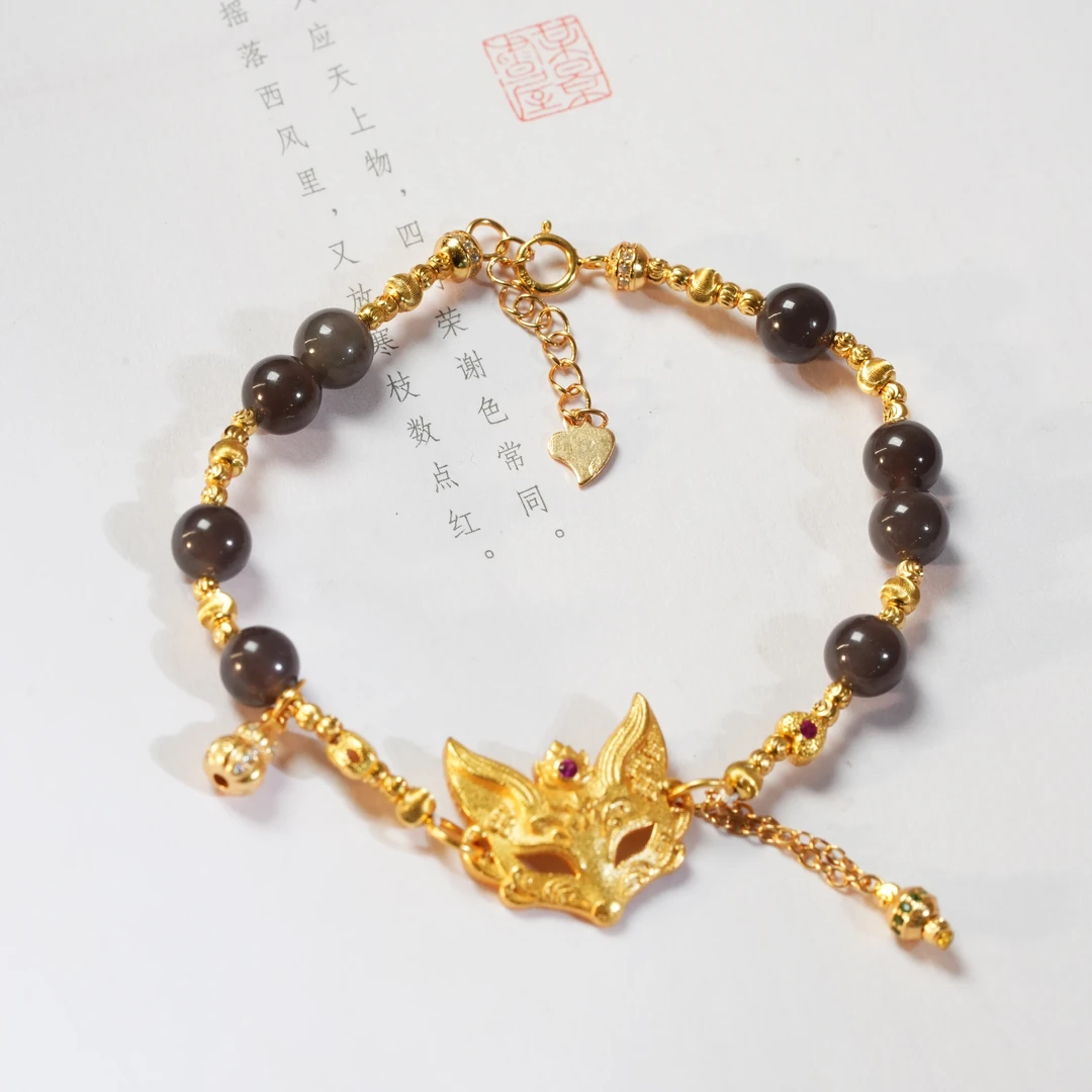 【东方十八岁】【紫歌】和田玉烟紫玉S925银狐狸面具手链多样性发其一
