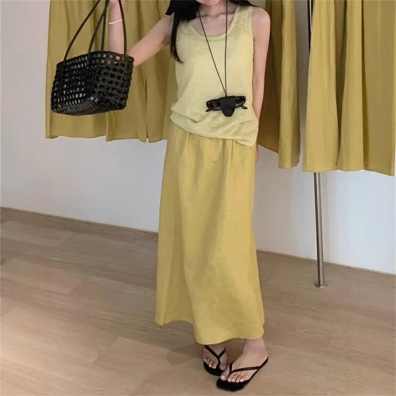 黄色亚麻半身裙长款女夏薄款小个子气质开叉垂感a字苎麻棉麻裙子
