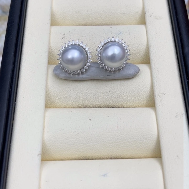 海水珍珠耳饰银S925镶嵌澳白耳饰10-12mm