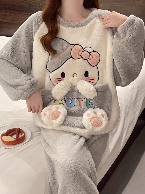 新款睡衣女冬季珊瑚绒保暖卡通可爱学生加绒加厚法兰绒套装家居服
