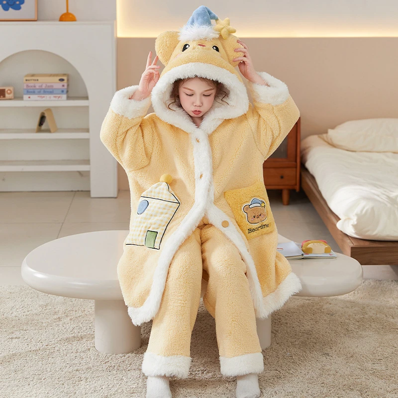 珊瑚绒保暖睡裙女童睡衣女孩睡袍加绒加厚秋冬款法兰绒儿童家居服