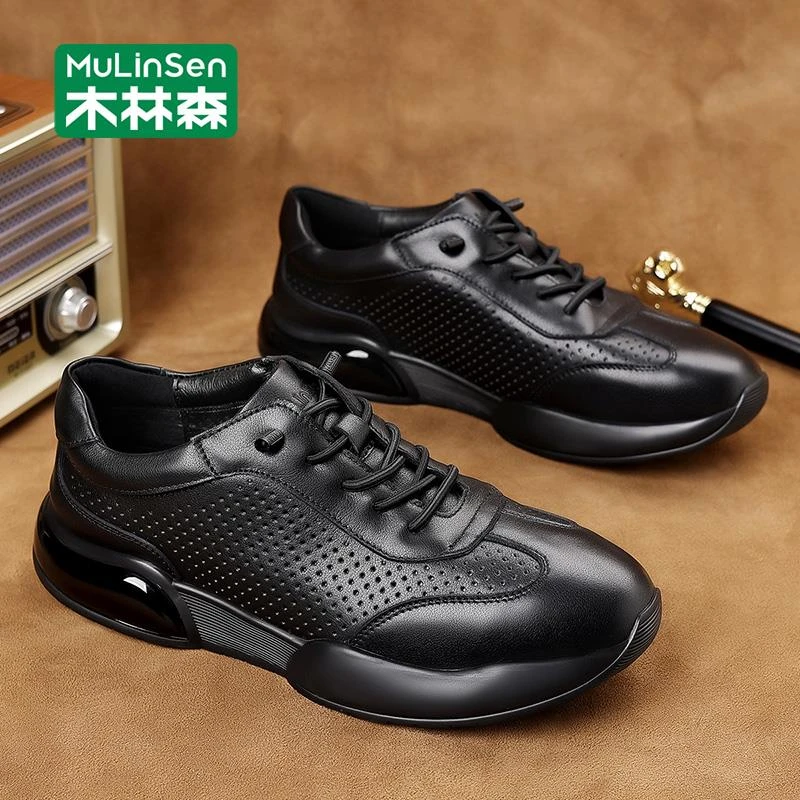 木林森头层牛皮鞋男款秋季透气英伦休闲男鞋正品一脚蹬全黑公务鞋