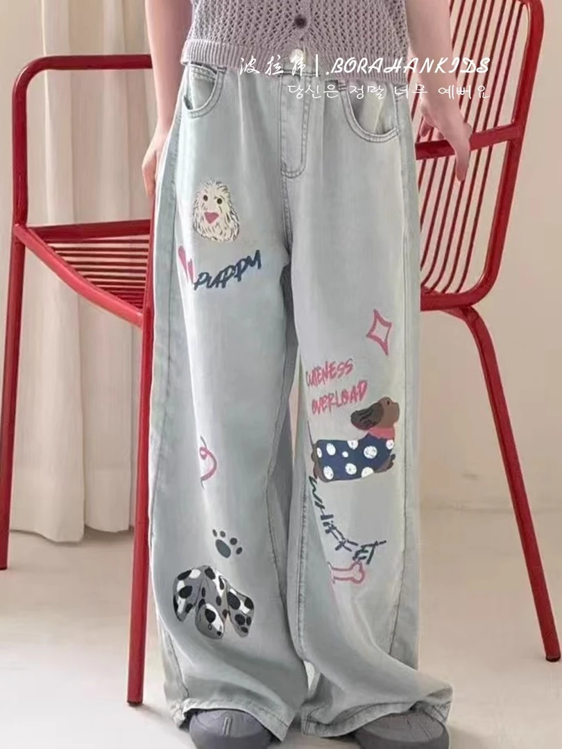 BORAHANKIDS妙妙屋-牛仔裤2025儿童超薄天丝中大童垂感涂鸦直筒裤