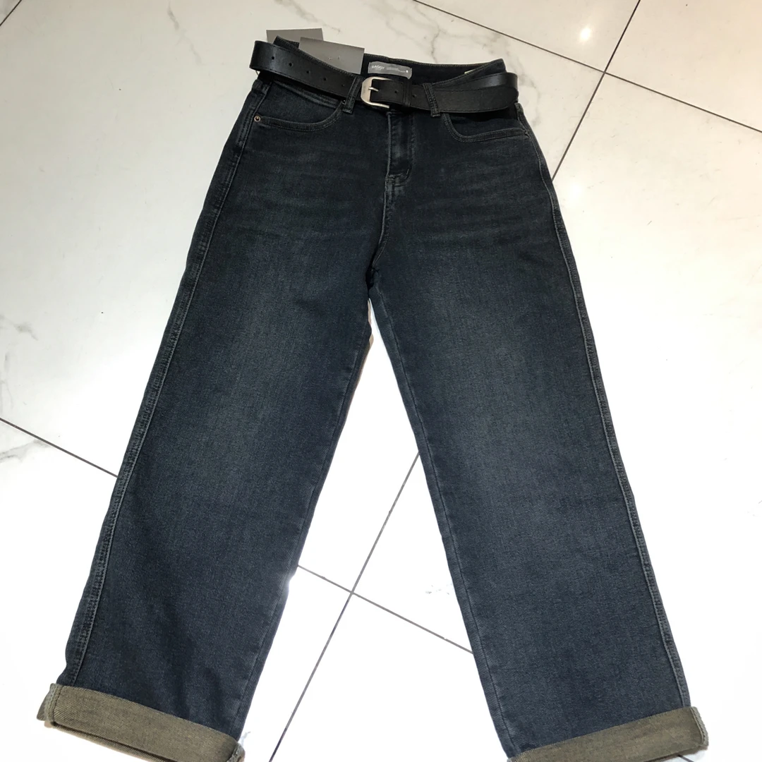 33375秋冬季加厚高腰显瘦窄版直筒牛仔裤百搭保暖弹力长裤女