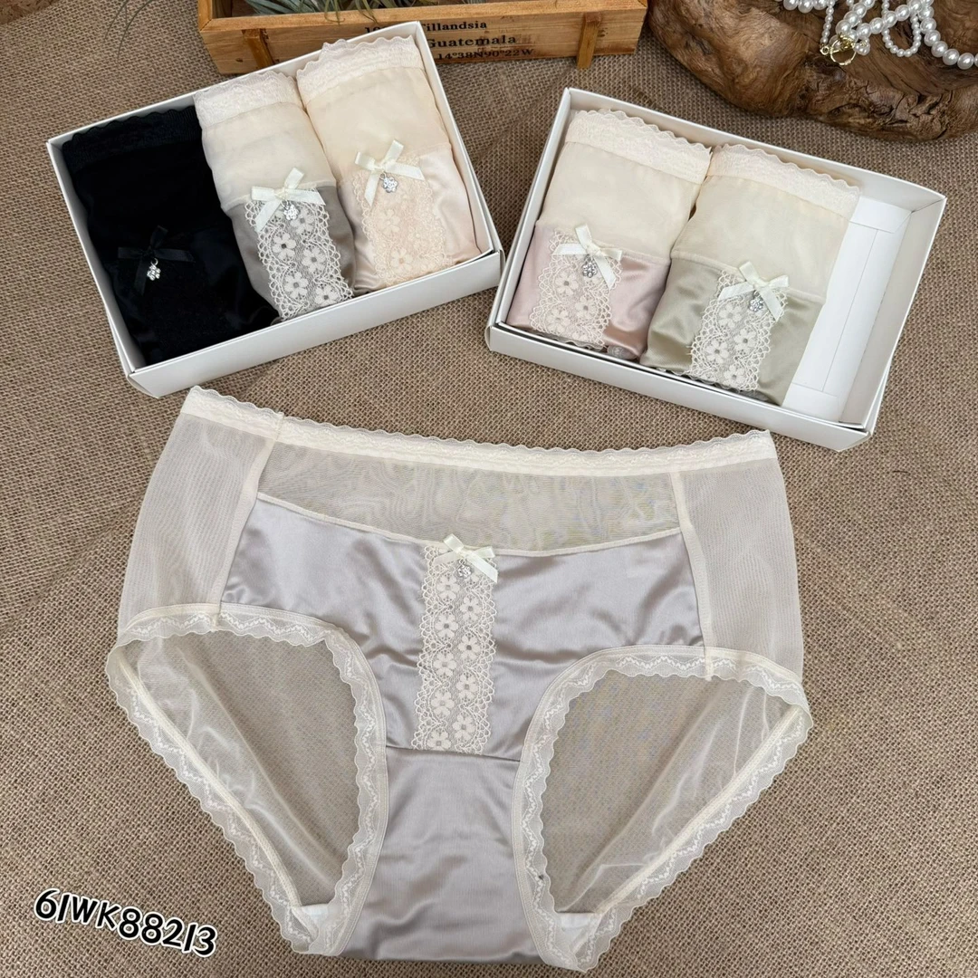 中腰缎面蕾丝纯欲透气舒适包臀女士三角内裤