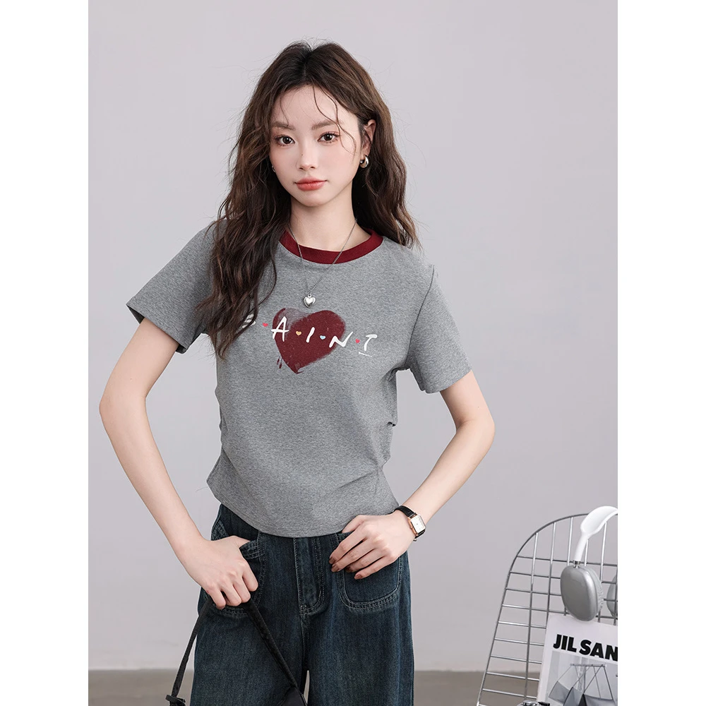 爱心印花T恤女短袖灰色打底衫上衣2025夏季新款小众半袖修身显瘦