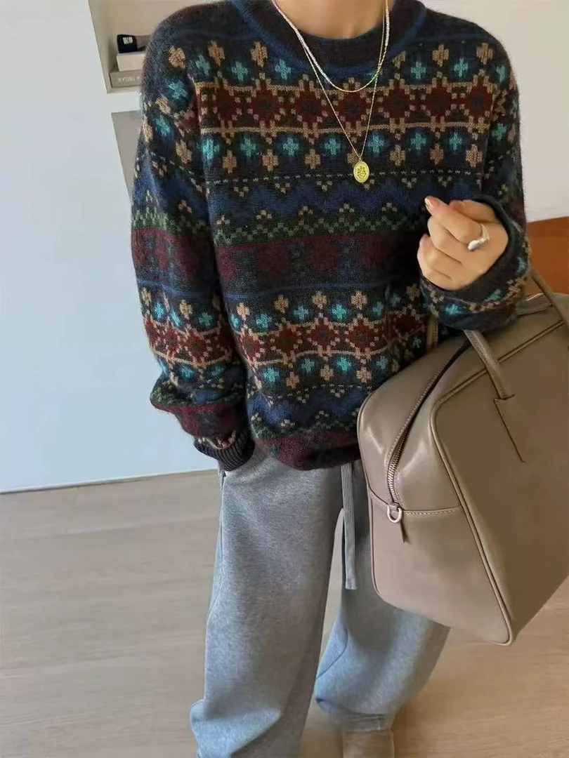 欧货2024冬新款复古好看慵懒风拼色提花针织衫圆领宽松套头毛7880