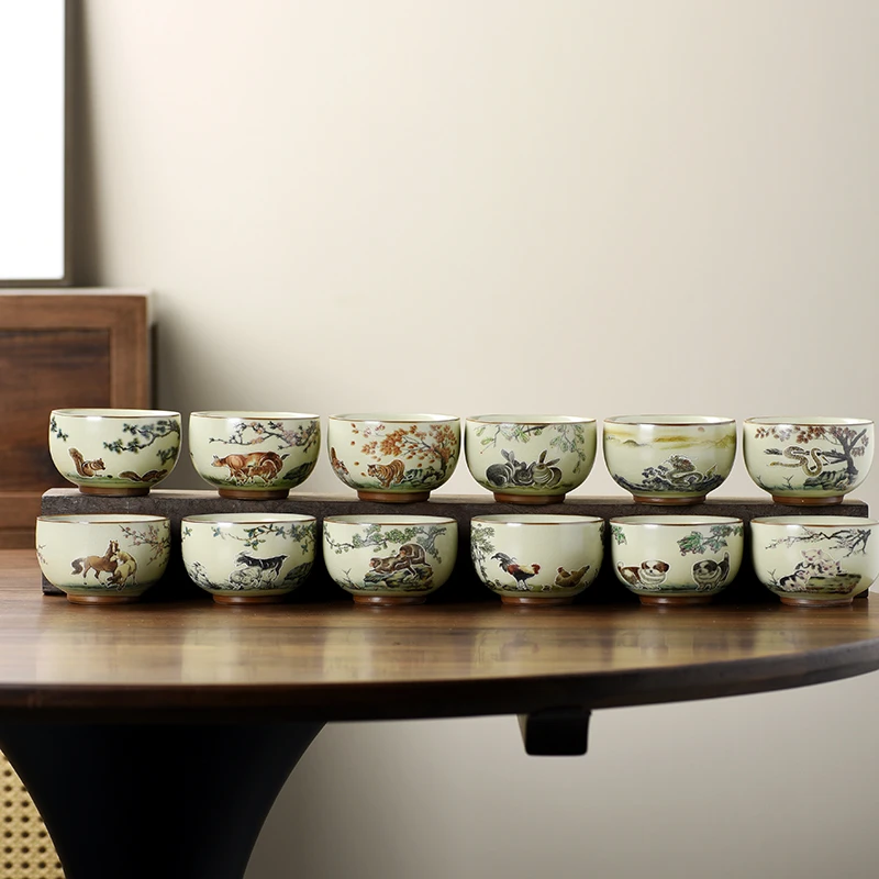 岑汝陶瓷茶具品茗杯十二生肖高端茶杯功夫家用泡茶器手绘可开片茶