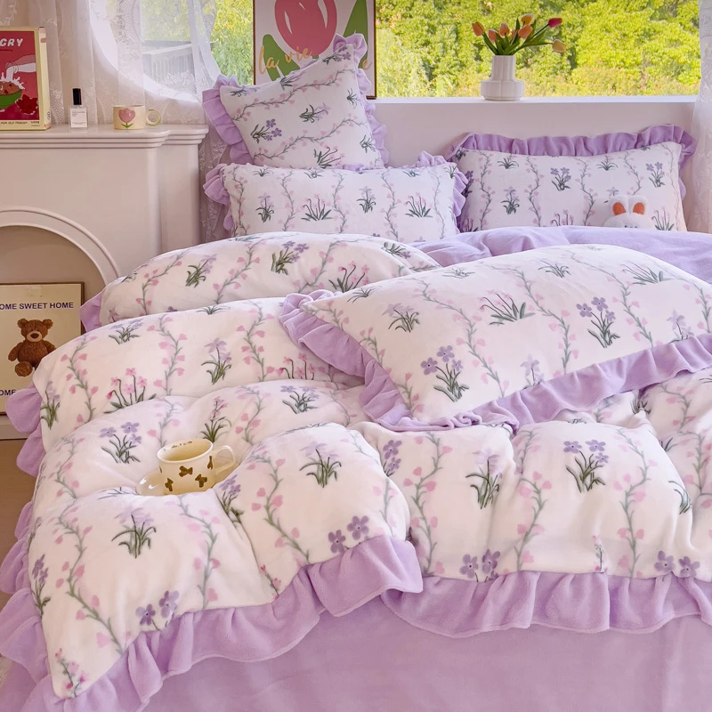 韩版公主风牛奶绒四件套加厚双面绒被套床单冬季加绒保暖床上用品