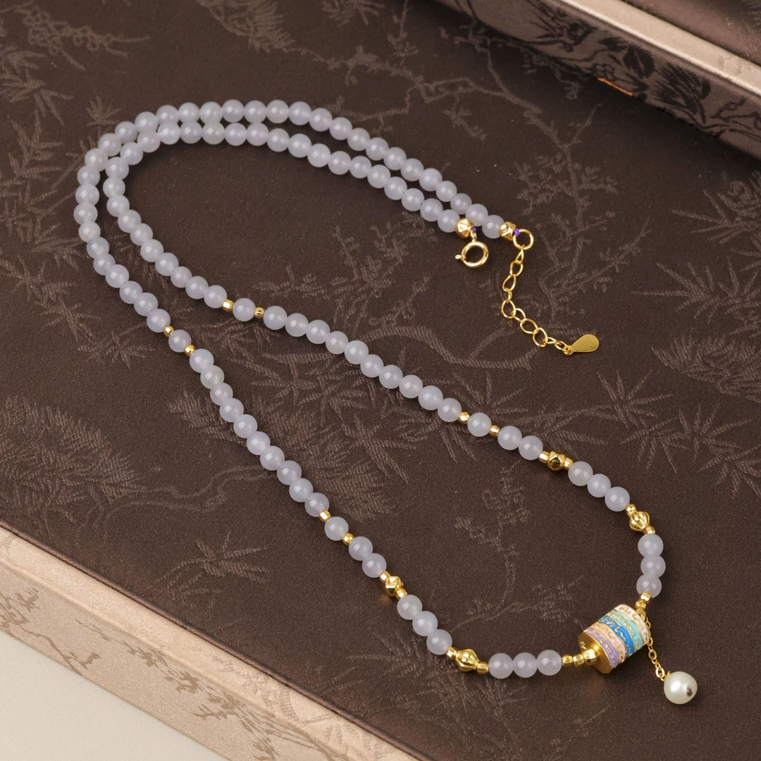 【玉福珠宝】s925银和田玉烟紫圆珠五条经文项链-X3322-华