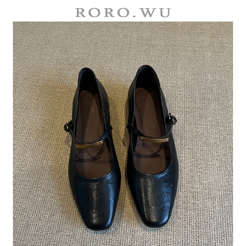 娆娆吴·羊皮方头低跟女鞋复古时尚温柔百搭浅口玛丽珍单鞋D106