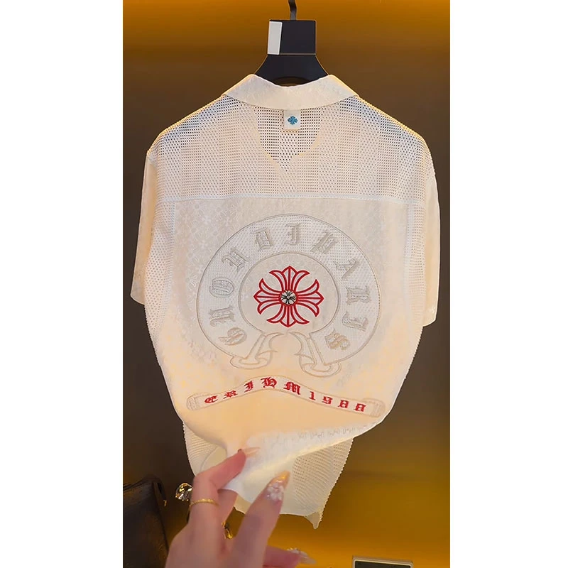 欧货轻奢高定大牌男装衬衣2025夏季新款潮牌设计感刺绣网格白衬衫