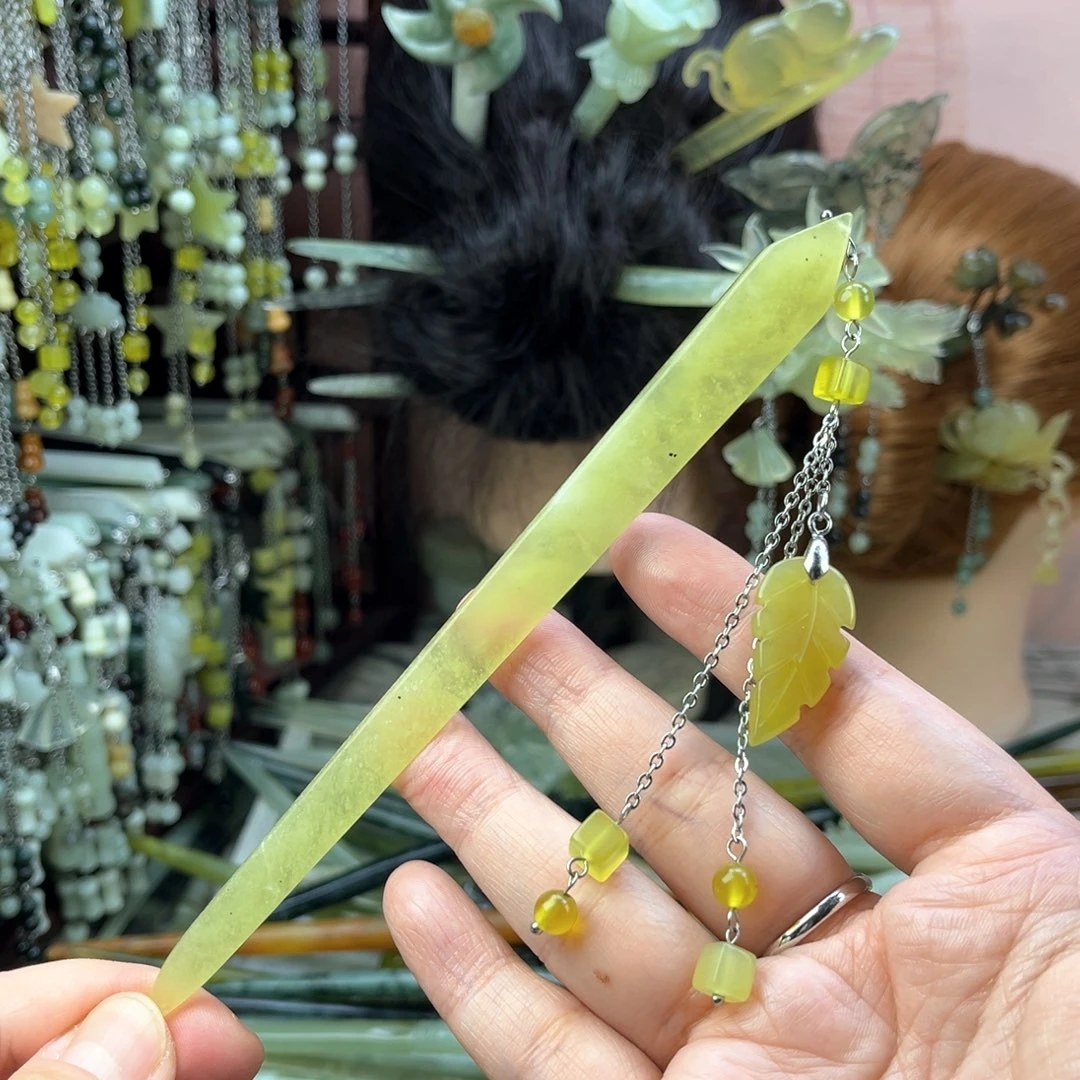 蛇纹石玉发饰未镶嵌长度17厘米左右