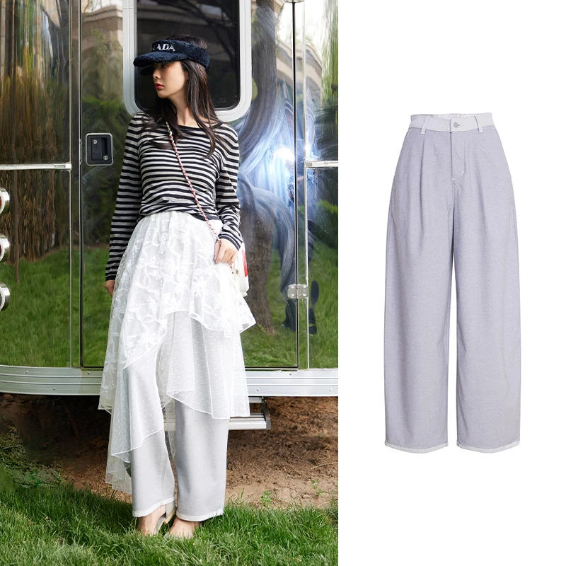 TRACY CHU 灰色秋冬设计师帅气阔腿休闲痞帅百搭时尚简约款休闲裤