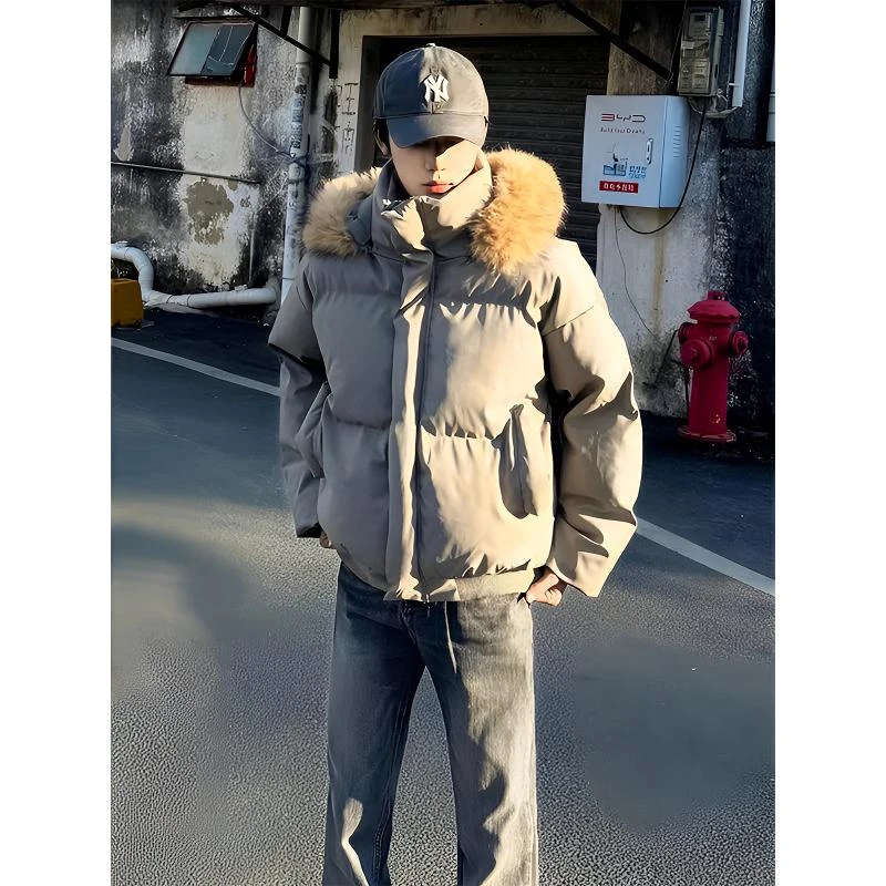 可拆卸毛领派克棉服外套男款冬季美式连帽短款加厚防寒保暖面包服