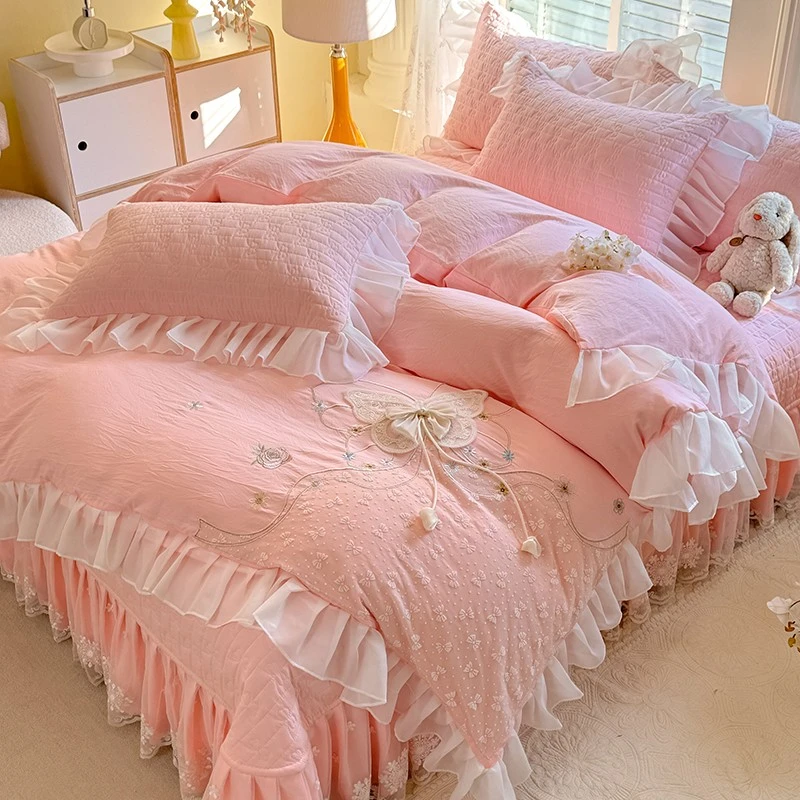 爆春夏法式蕾丝花边公主风床裙床盖四件套绣花刺绣三件套床上用品