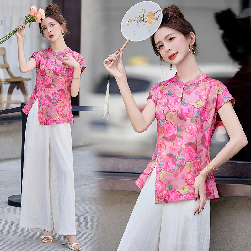 新中式国风印花套装女2025年夏季新款高级感气质减龄阔腿裤两件套