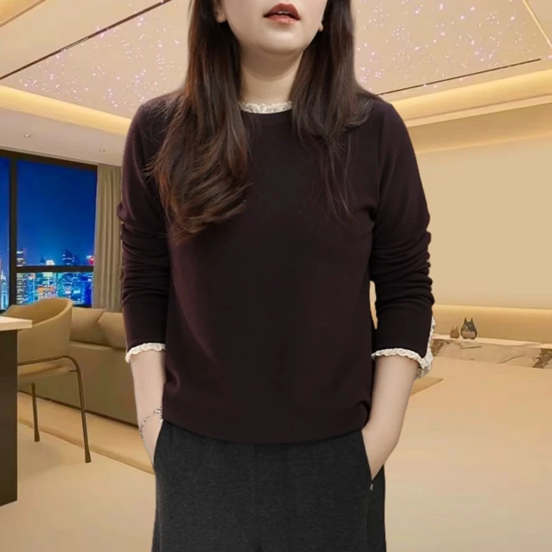 【德绒面料】春秋季新款长袖T恤女圆领拼接蕾丝花边打底衫内搭T恤