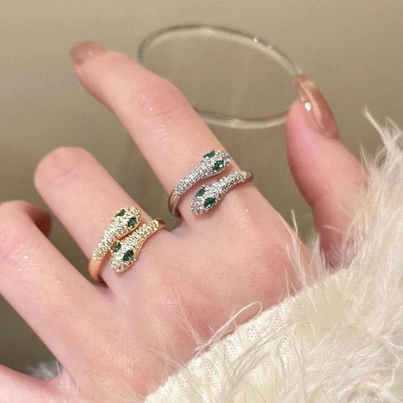 铜合金戒指 双头绿眼灵蛇戒指小众轻奢高级感开口设计指环女个性