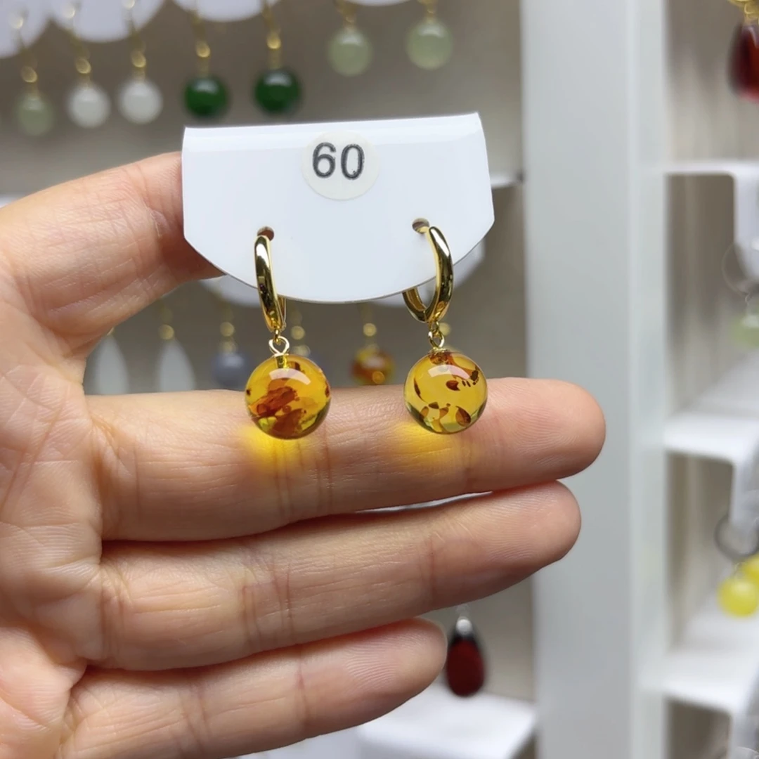 琥珀（花珀）银S925镶嵌耳饰