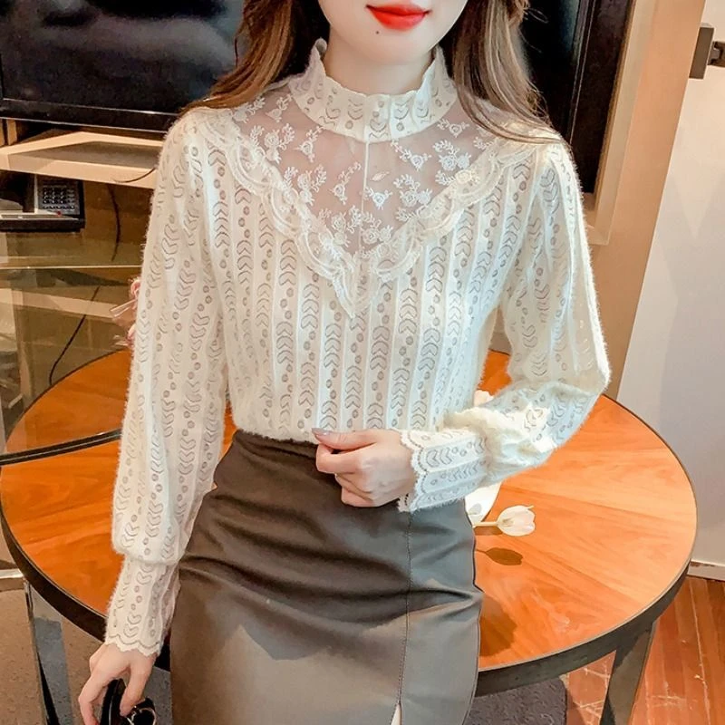 2025春夏新款衬衫女网纱蕾丝打底衫洋气内搭小衫时尚气质百搭上衣