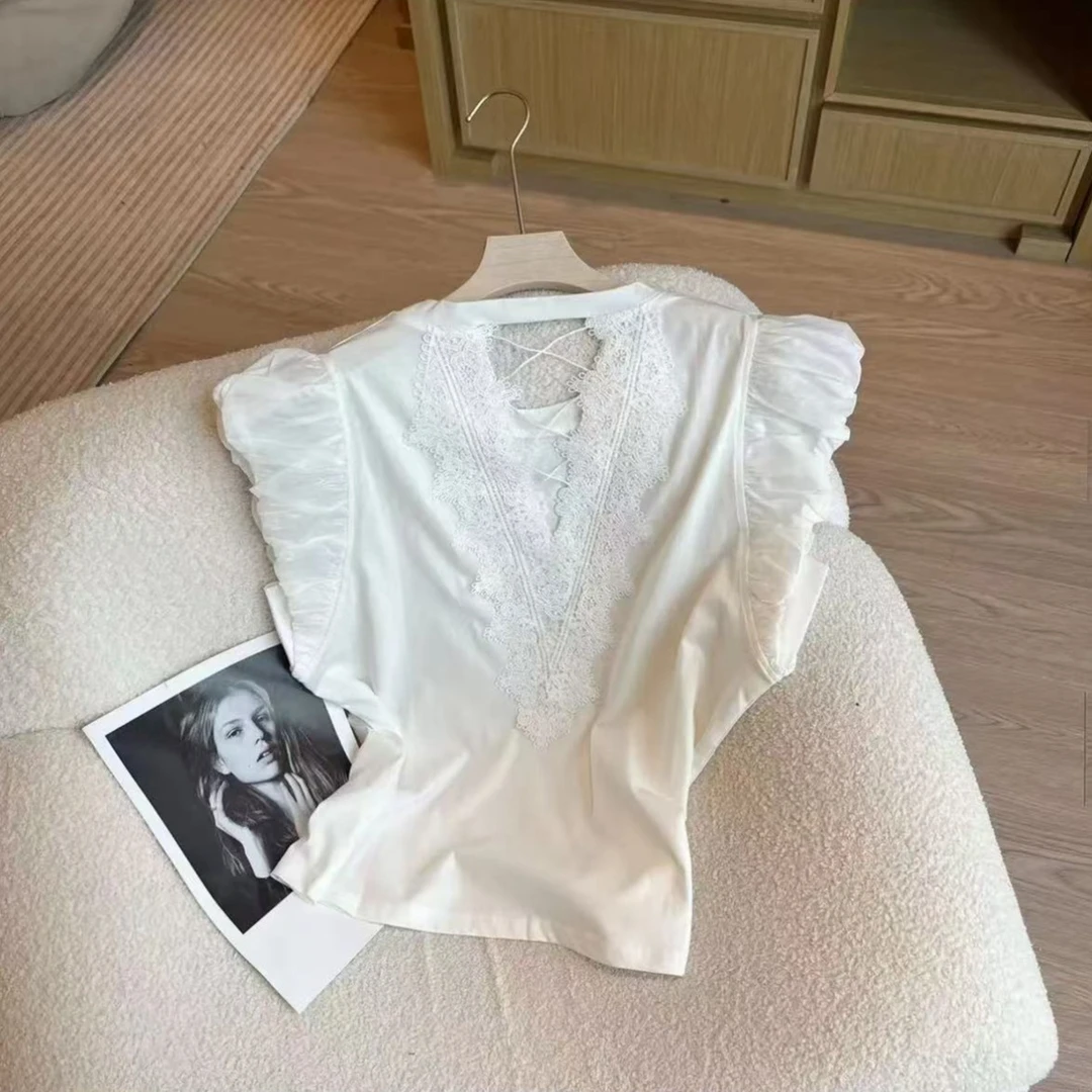 1033款白色小飞袖花边正肩T恤女夏季后背设计感小众修身上衣xu