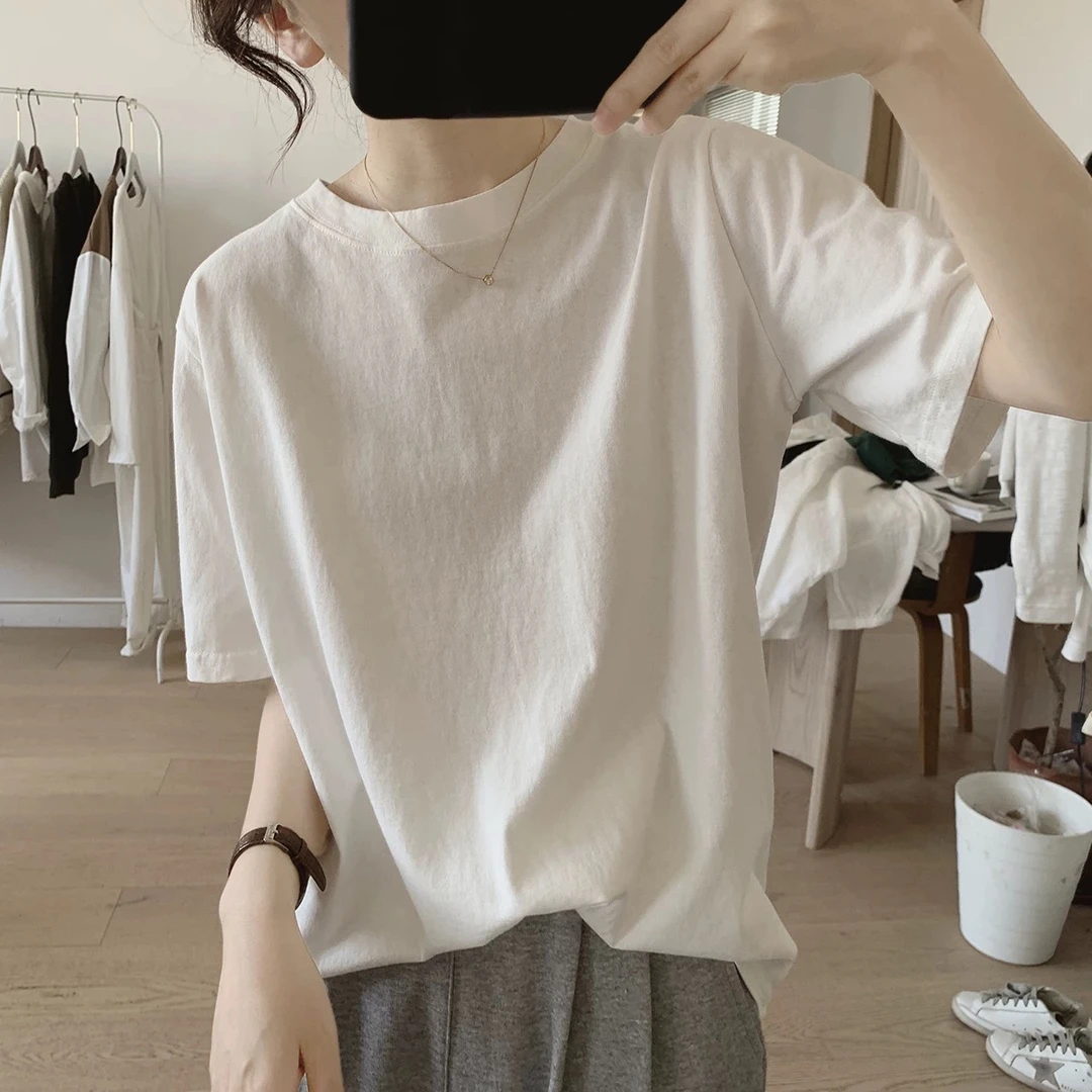 纯棉简约宽松圆领短袖T恤夏季新款女士洋气减龄显瘦休闲潮流上衣