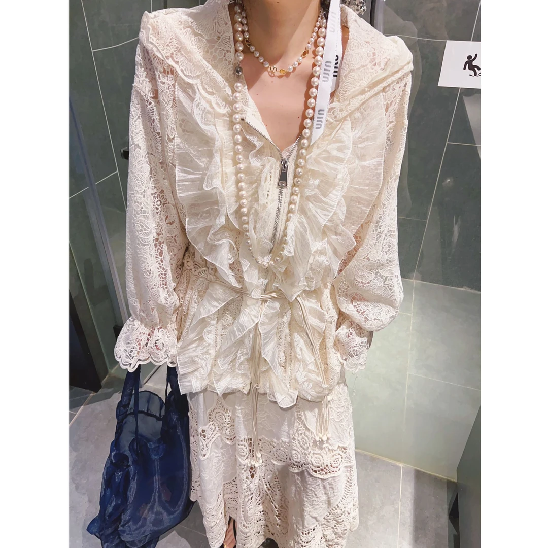 法式连帽蕾丝防晒服女夏季新款拼接荷叶边重工勾花镂空长袖上衣潮