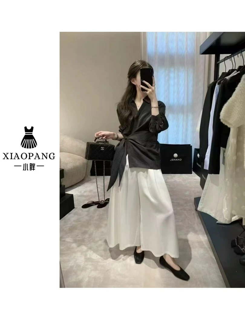 【小胖家】9182-1极简气质设计感绑带收腰衬衫