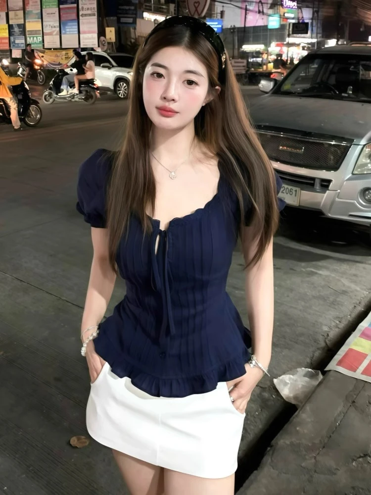 藏蓝色蝴蝶结蕾丝花边短袖衬衫女2025夏季新款纯欲风显瘦短款衬衣