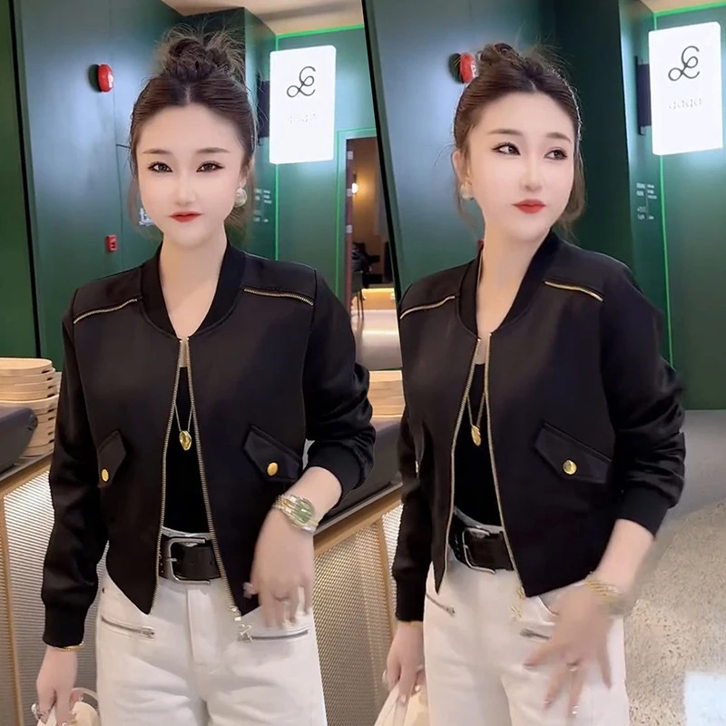 欧货春秋新款韩版简约时尚圆领短款外套女夹克修身显瘦上衣潮