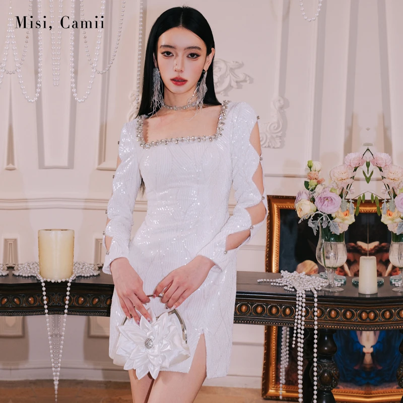 Misi,Camii2024早秋新款女装钻链珠片丝绒开叉礼服镂空长袖连衣裙