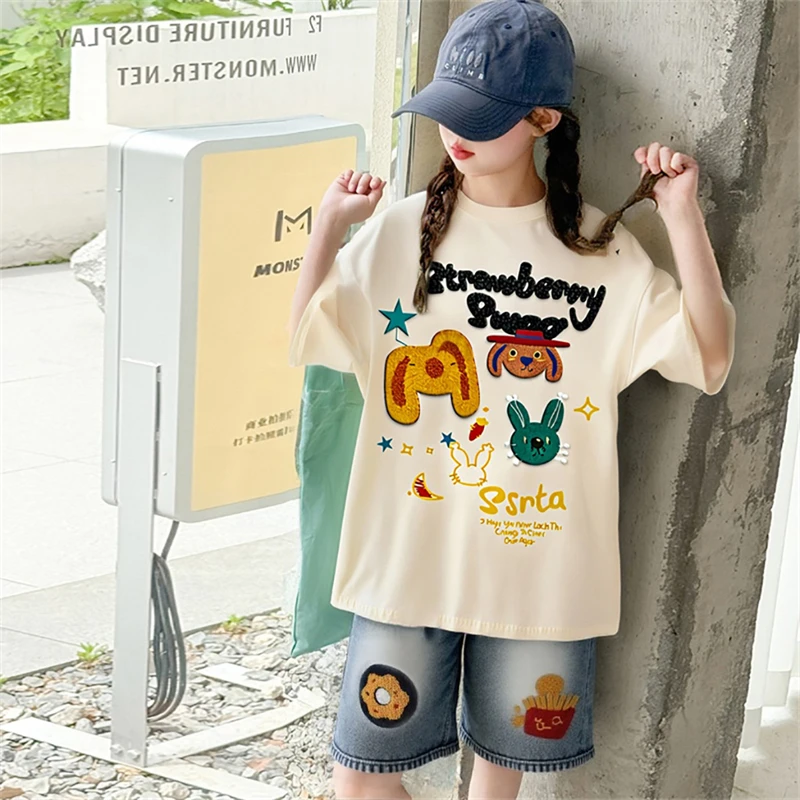 女童纯棉短袖T恤夏装6-12岁小女孩休闲韩版毛巾绣牛仔五分裤15岁