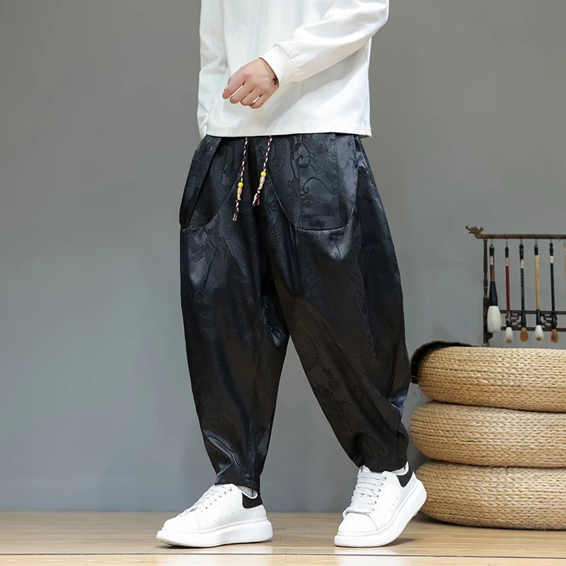 灯笼裤男春秋季中国风龙纹提花哈伦裤大码肥佬宽松缎面休闲运动裤
