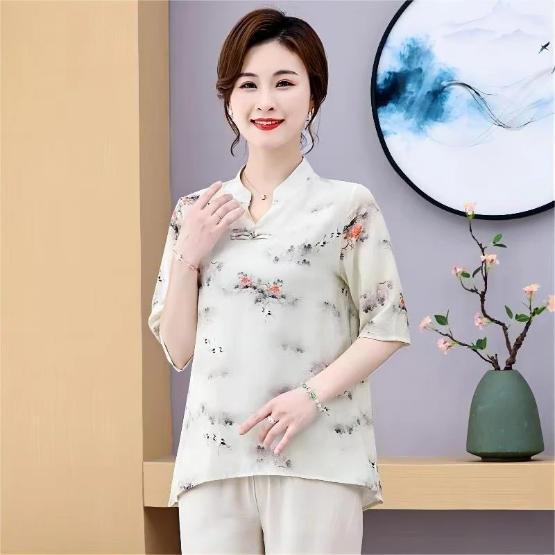 9211-新款妈妈上衣新中式中袖中老年印花民族风外穿小衫【A24-1-1】