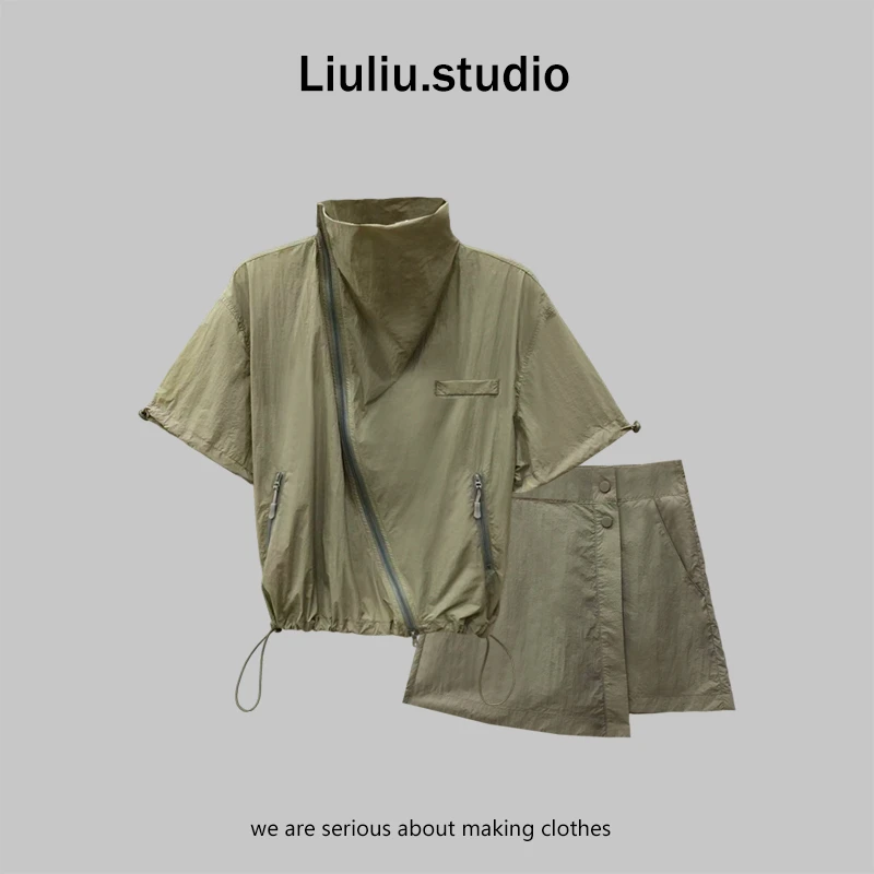 LiuLiu定制【飒姐穿搭】设计感显瘦不规则拉链短袖上衣+短裙裤套装