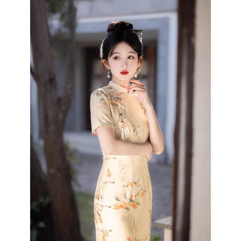 [幸福服饰] 缎面富贵花开新中式印花改良旗袍裙显年轻