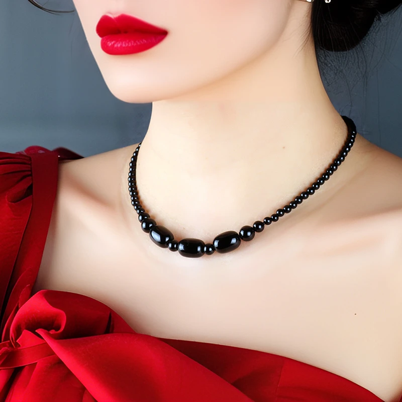 非金属仿水晶项链 锦瑟原创首饰锁骨链遮疤黑色百搭短款项链2025