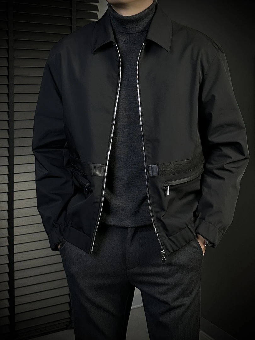 KING&GUCH秋季男士桑蚕丝里衬绵羊皮口袋翻领防风夹克867323