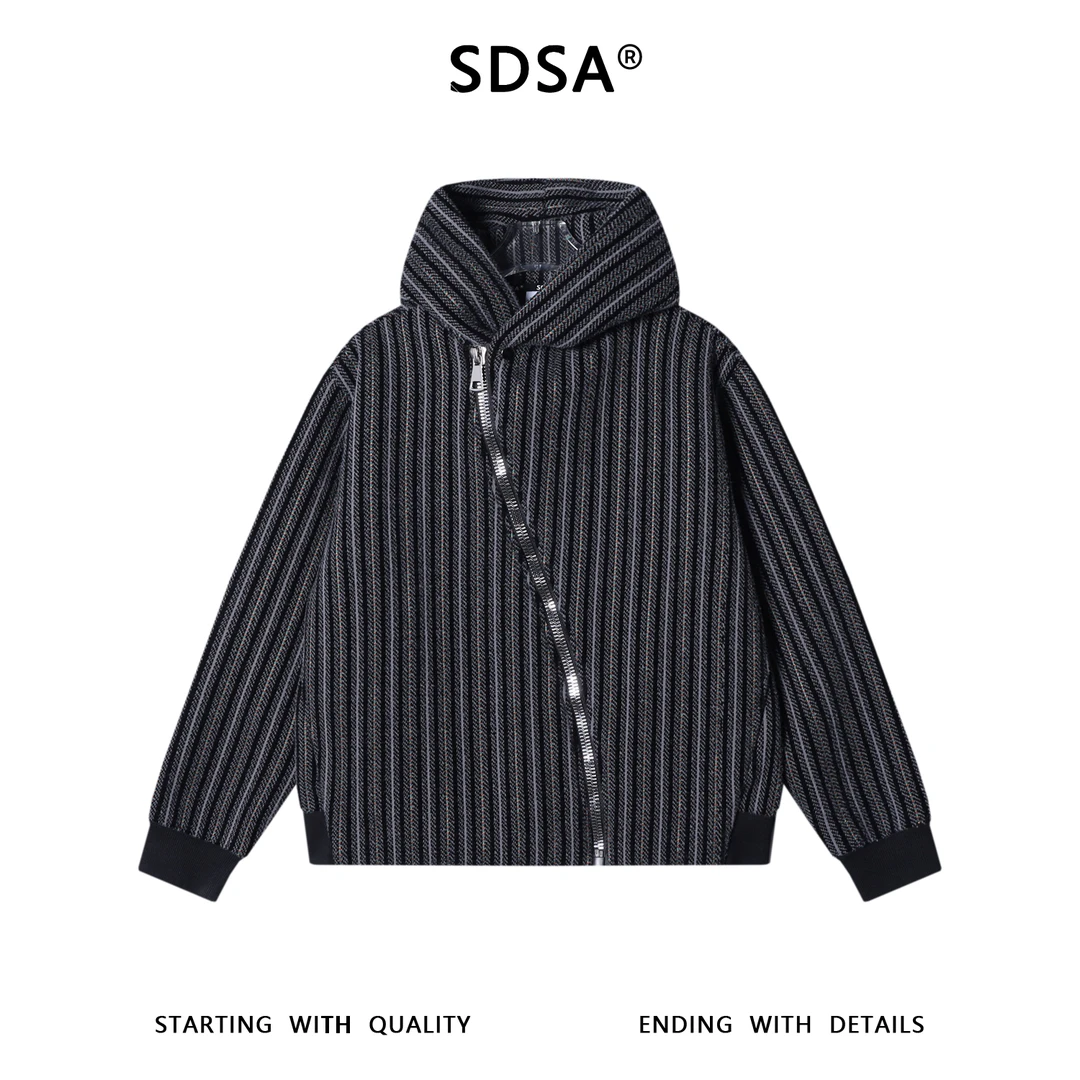 SDSA秋冬新款痞帅男装极简风撞色竖纹斜拉链连帽卫衣外套百搭宽松