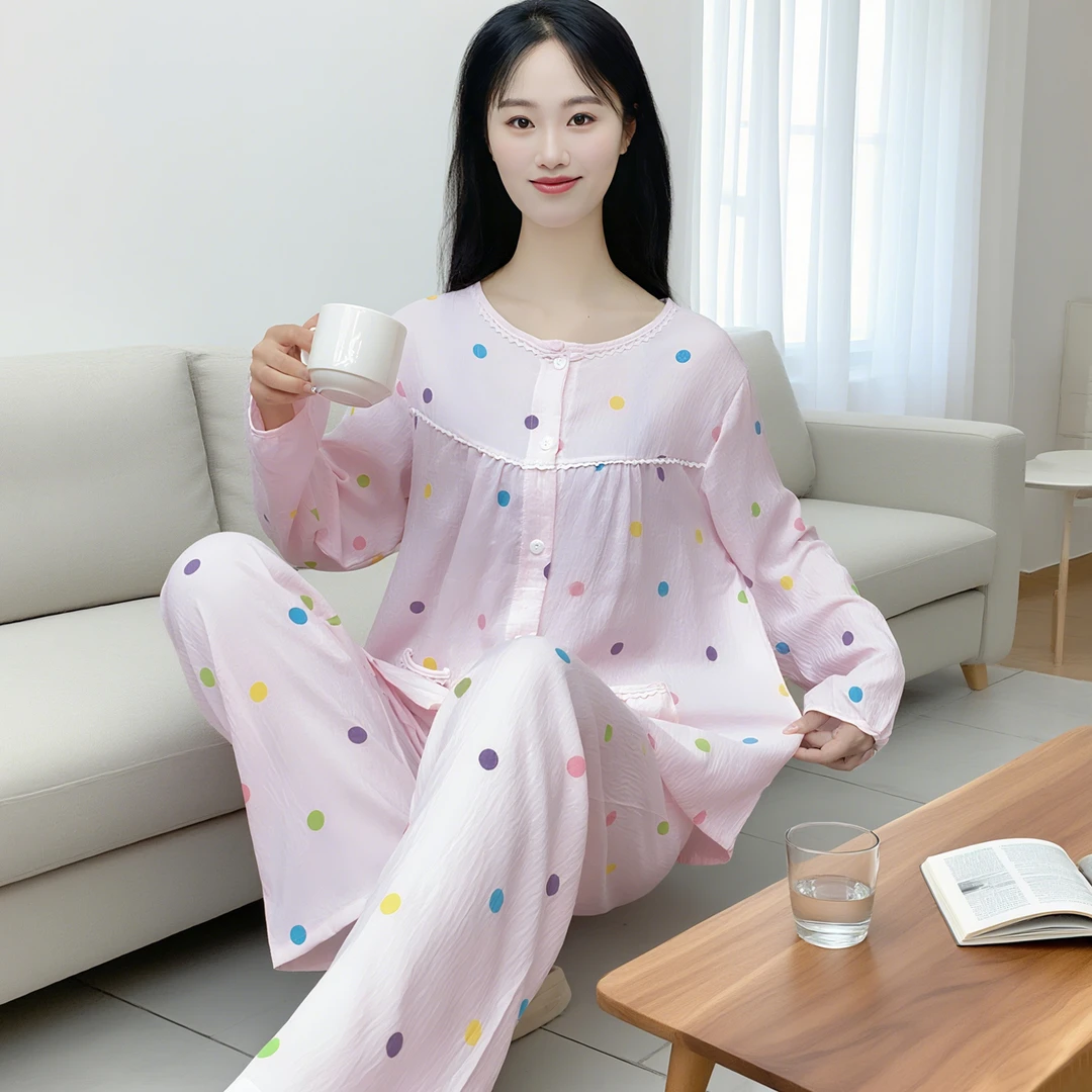 云朵棉秋季女士大码睡衣长袖长裤不带胸垫休闲柔软家居服套装Y171