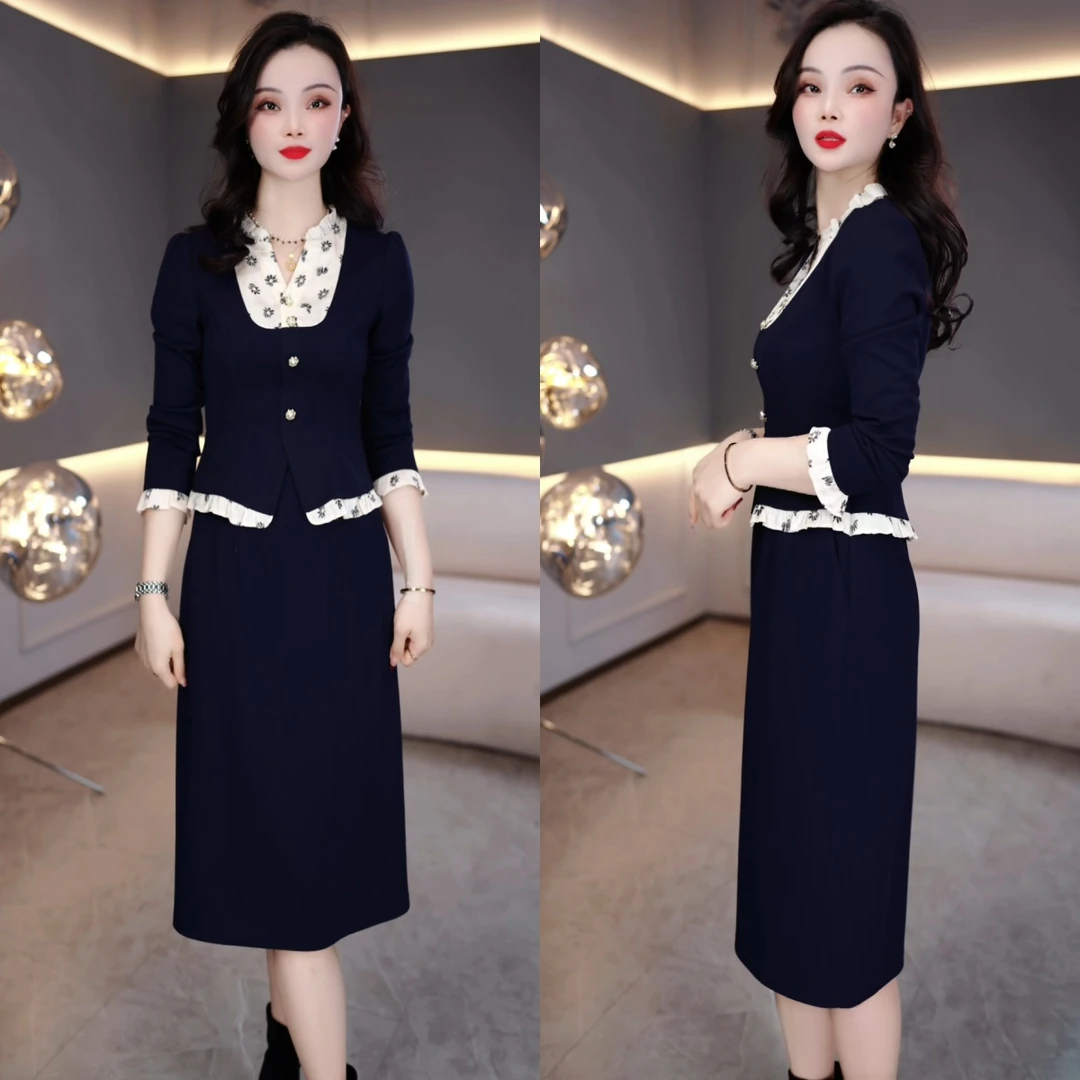 2025年春季新款时尚气质减龄百搭中长款假两件长袖连衣裙M-4XL