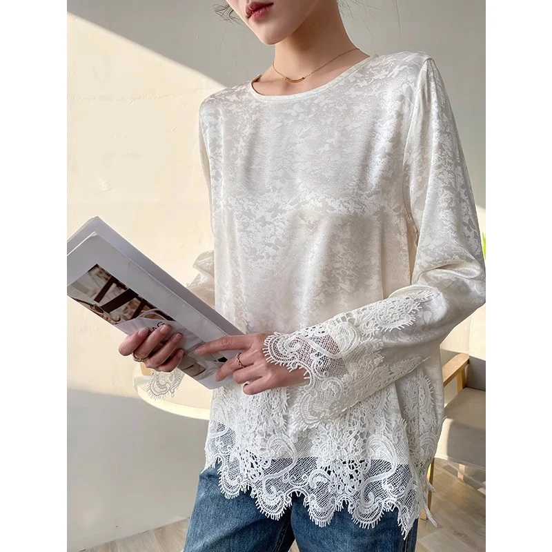 圆领新中式打底衫女2025新款春秋气质国风可内搭蕾丝长袖T恤上衣