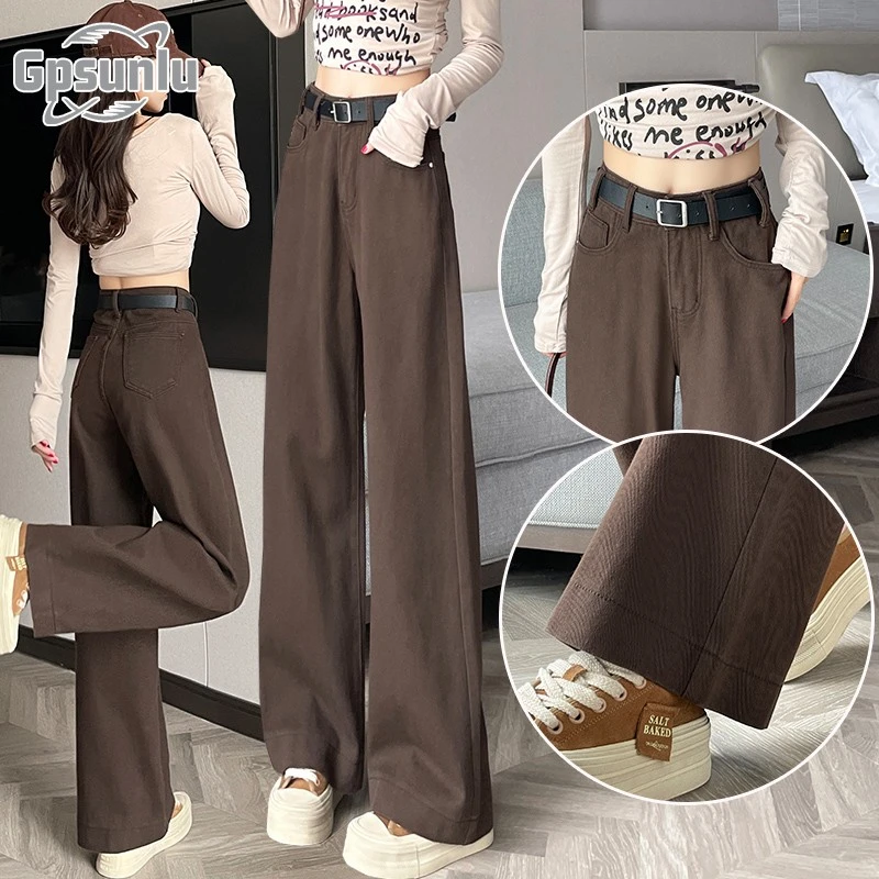 gpsunlu咖啡色牛仔阔腿裤女夏季宽松垂高腰垂感白色牛仔阔腿裤