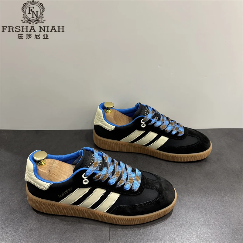 法莎尼亚新款复古风拼色条纹系带男士德训鞋低帮百搭韩版休闲板鞋