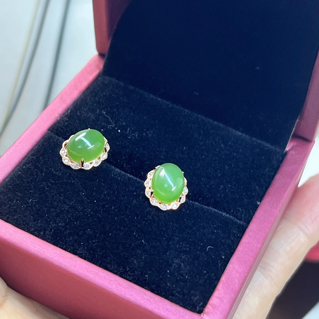 银镶嵌碧玉耳钉简约复古高级感玉石耳饰