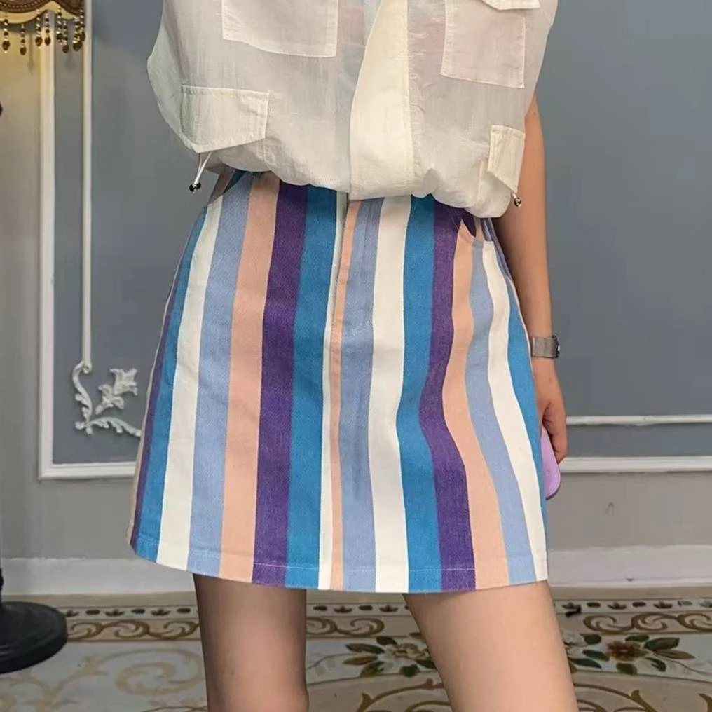 F00256 香港潮牌小众设计师七彩炫酷时尚女性气质减龄短裙