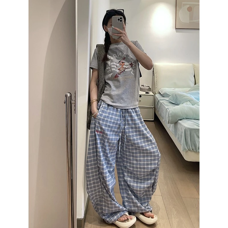 300斤大码胖mm格子弯刀裤女夏季新款裤子阔腿宽松显瘦伞兵工装裤